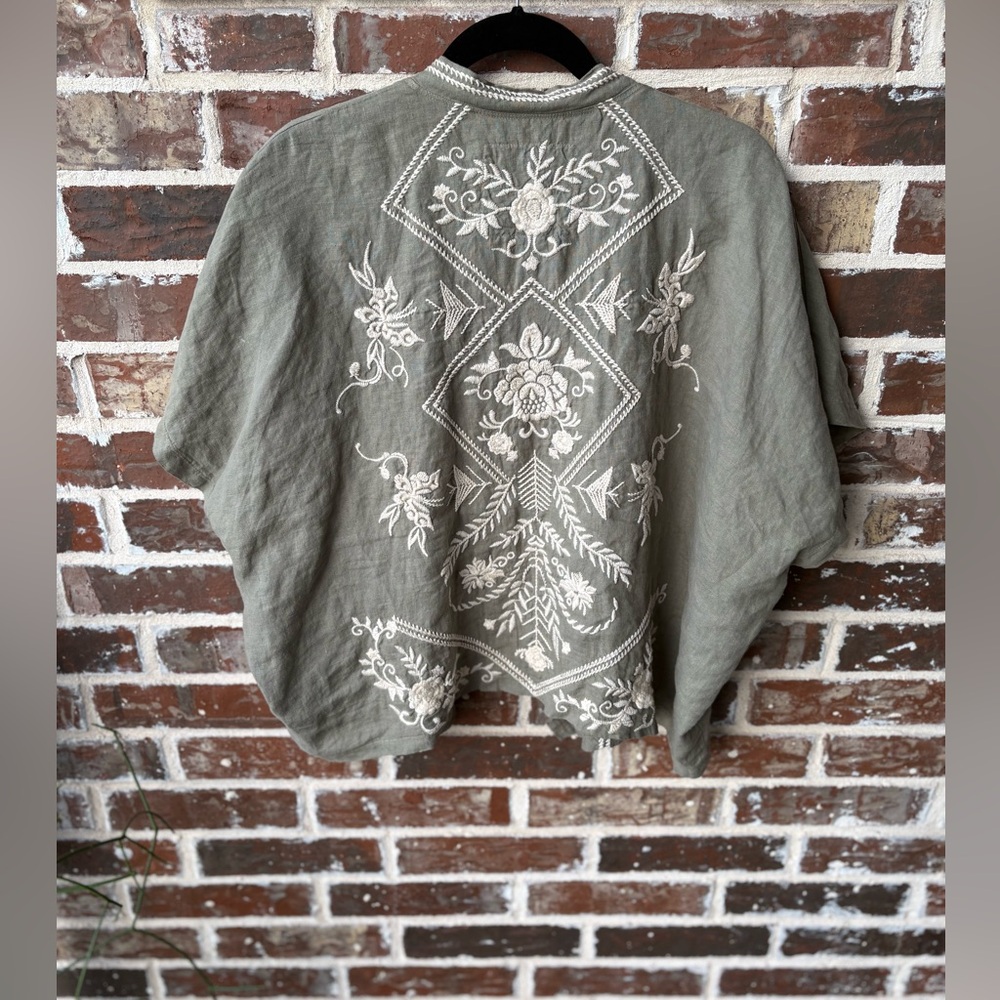 Johnny Was LA Tasya Bolero Olive Embroidered Linen Cropped Cardigan Size M - Picture 2 of 16